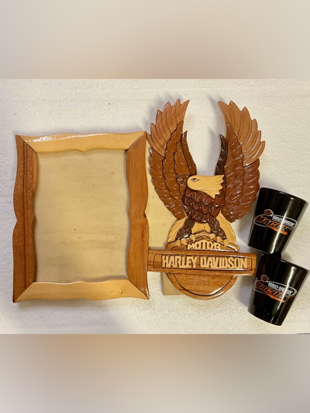 Harley-Davidson Carved Eagle Picture Frame & 2 Shot Glasses